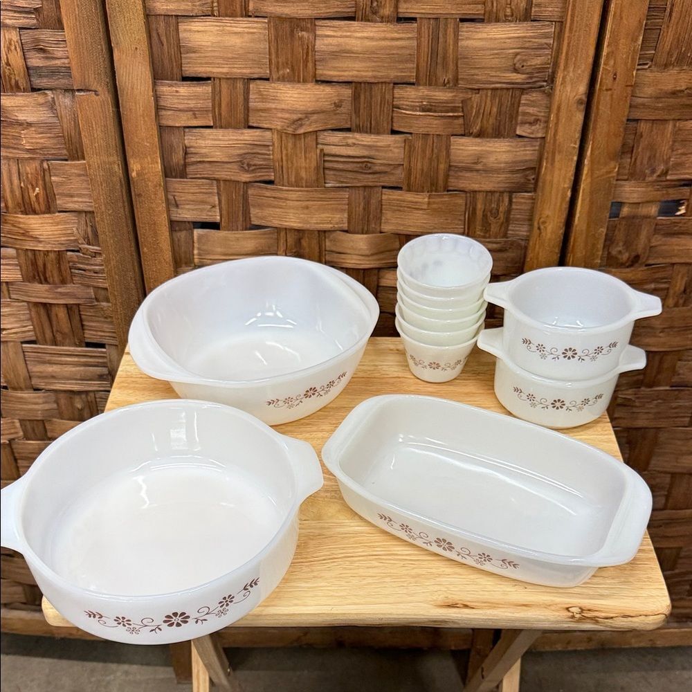 Vtg Dynaware Pyr-o-rey Brown Daisy Oven Dish Bakeware Milk Glass 11 pcs